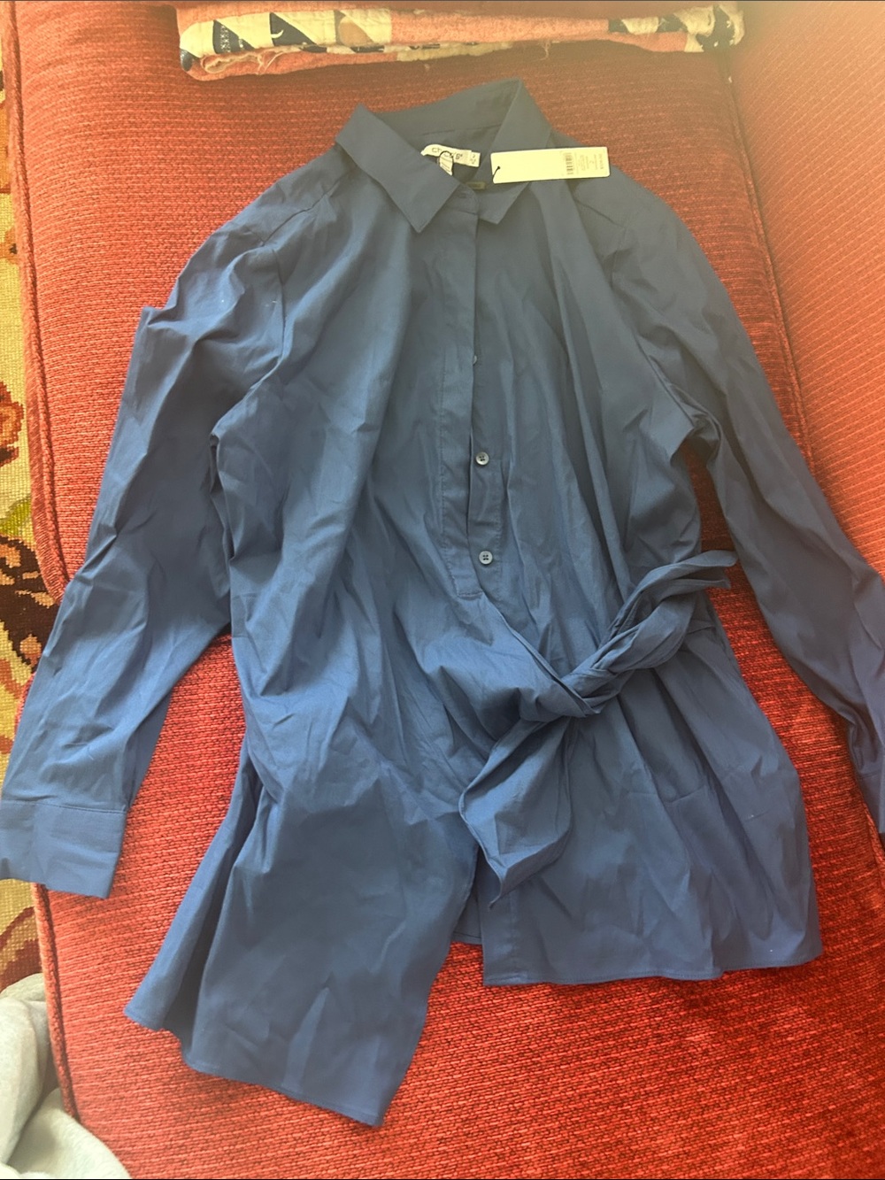 Chico's Navy Blue Button-Front Tie-Waist Blouse